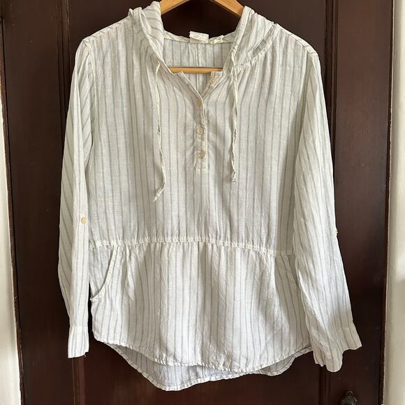 C&C CALIFORNIA| 100% Linen Striped Popover Roll Tab Sleeve Hoodie | Size Small - Picture 1 of 7